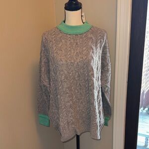Free People Gray Cable Knit Sweater with Green Accents